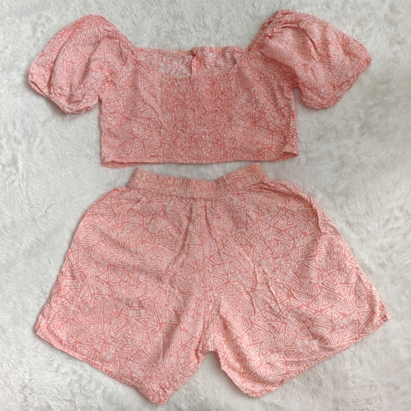 La Galería Medium Set Shorts Crop Top Pink Puff Sleeve Pockets Off The Shoulder - Picture 5 of 7
